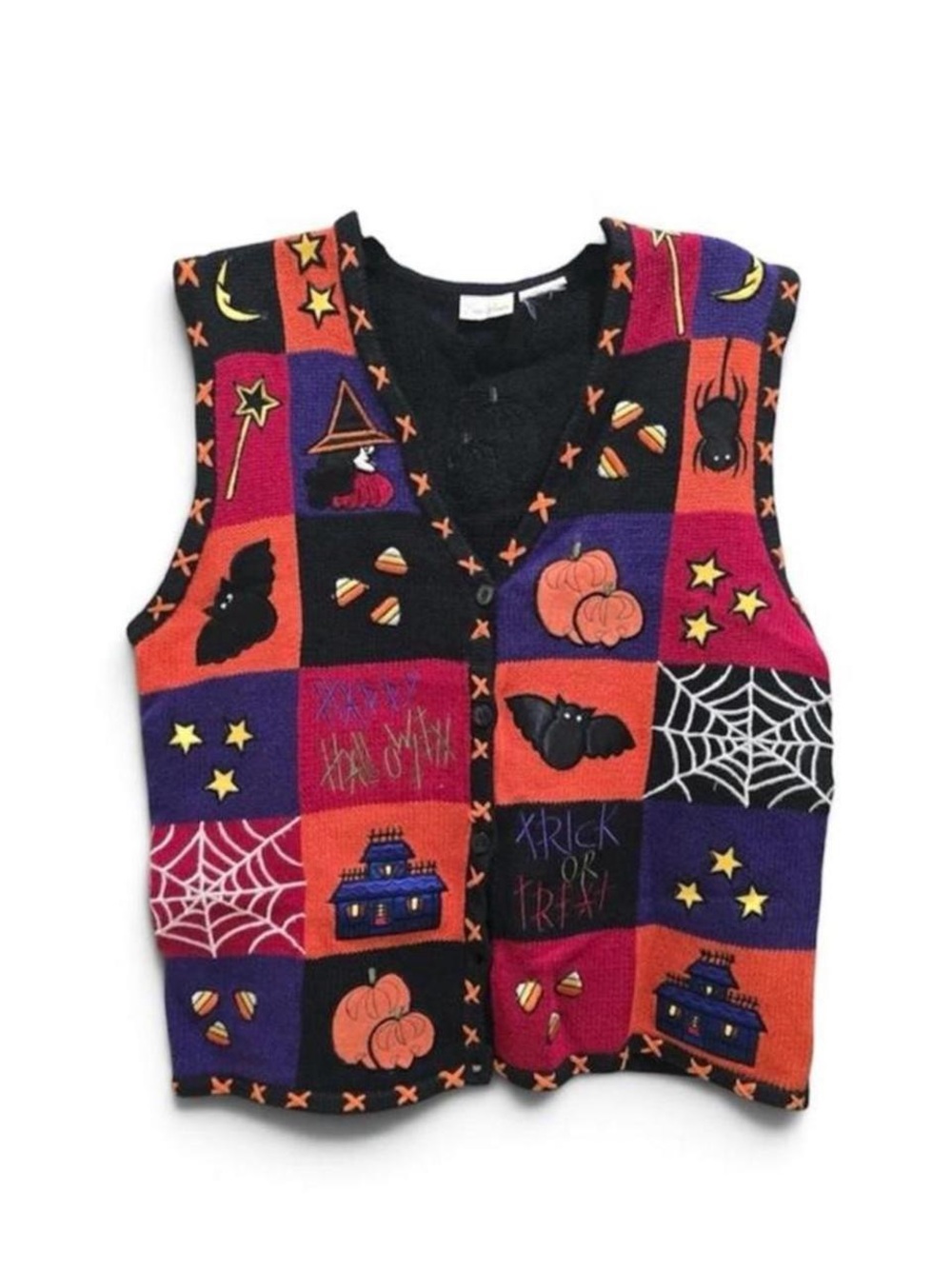 Vintage 90s Bobbie Brooks Halloween Patchwork Sweater Vest Black Orange Purple